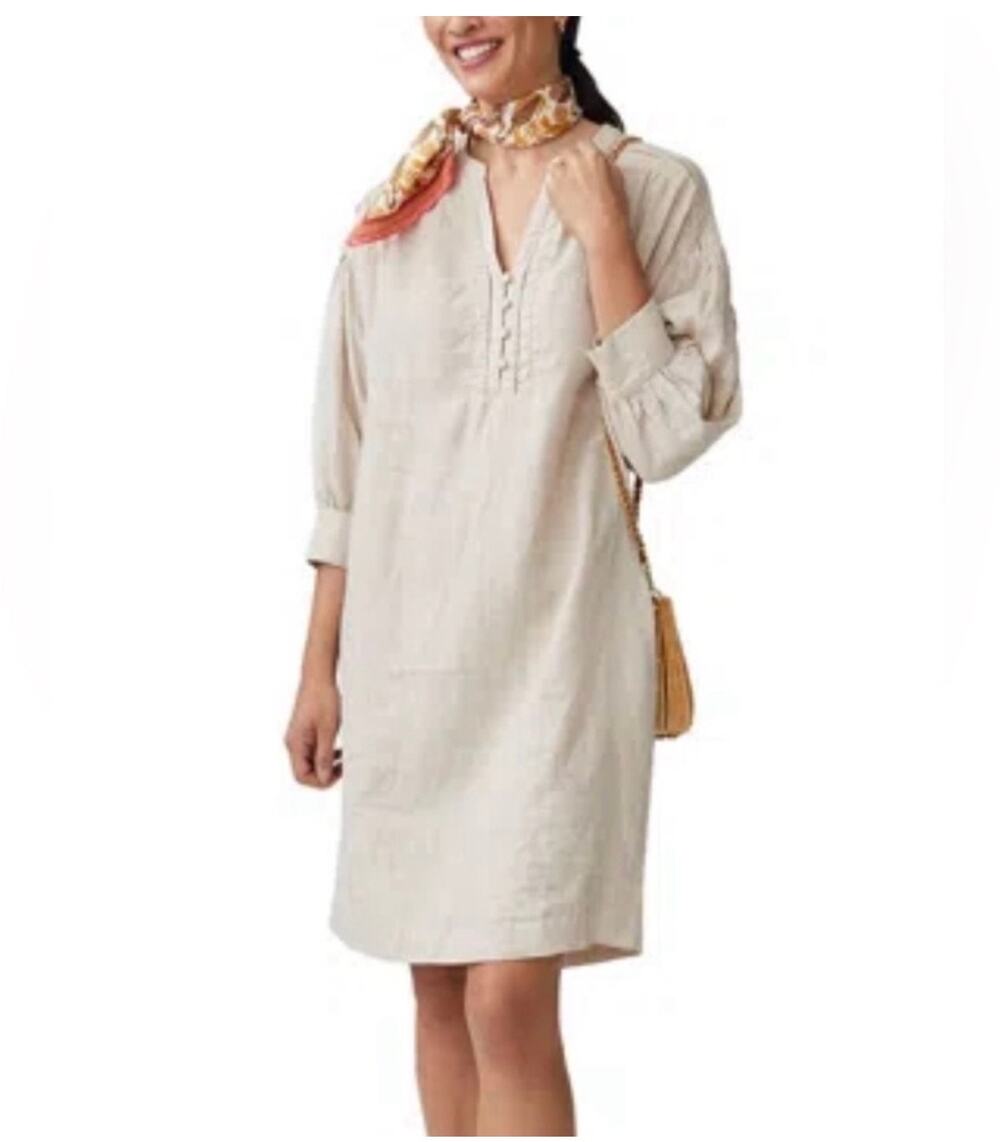 J.McLaughlin Women's XS Nylee Dress Tan 100% Linen 3/4 Sleeve Shift Neutral